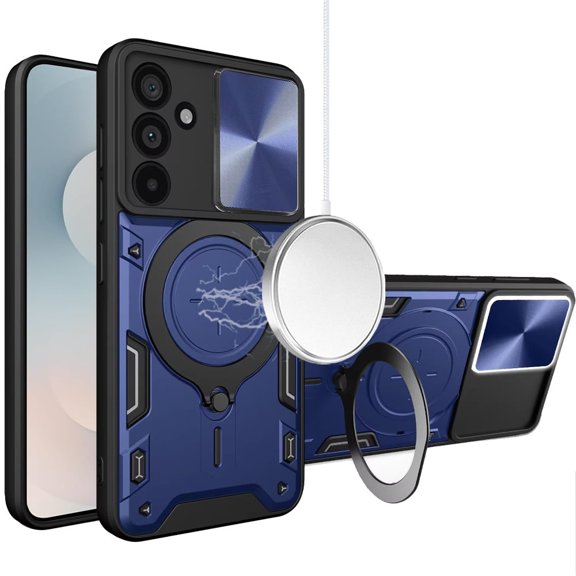 Phone Case for Samsung Galaxy S25 FE, S25 Fan Edition Magnetic Ring Stand Shockproof Hybrid Full Camera Slide Guard Anti Slip Heavy Duty Protective Armor Cover [Blue]