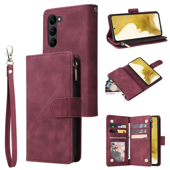Phone Case for Samsung Galaxy S25, Galaxy S25 Wallet Case with Zipper for Women and Men, PU Leather Magnetic Buckle Flip Kickstand Closure Wrist Strap Zipper Card Holder Phone Cases, Winered