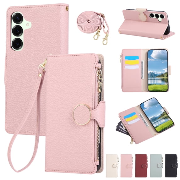 Phone Case for Samsung Galaxy S25 Plus, Lychee Texture PU Leather Magnetic Clasp Zipper Wallet with Crossbody + Wrist Strap Card Holder Stand Flip Cover for Galaxy S25 Plus Women Girls, Pink