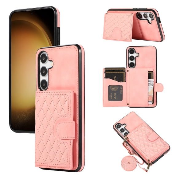 Phone Case for Samsung Galaxy S25 Plus, Stylish Wallet Cover with Credit Card Holder Crossbody Strap Magnetic Closure Kickstand PU Leather Drop Protective Phone Case for Samsung Galaxy S25+, Rosegold