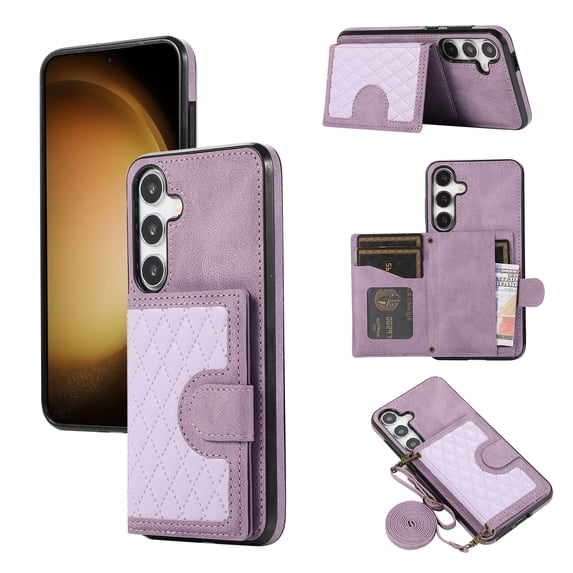 Phone Case for Samsung Galaxy S25 Plus, Stylish Wallet Cover with Credit Card Holder Crossbody Strap Magnetic Closure Kickstand PU Leather Drop Protective Phone Case for Samsung Galaxy S25+, Purple