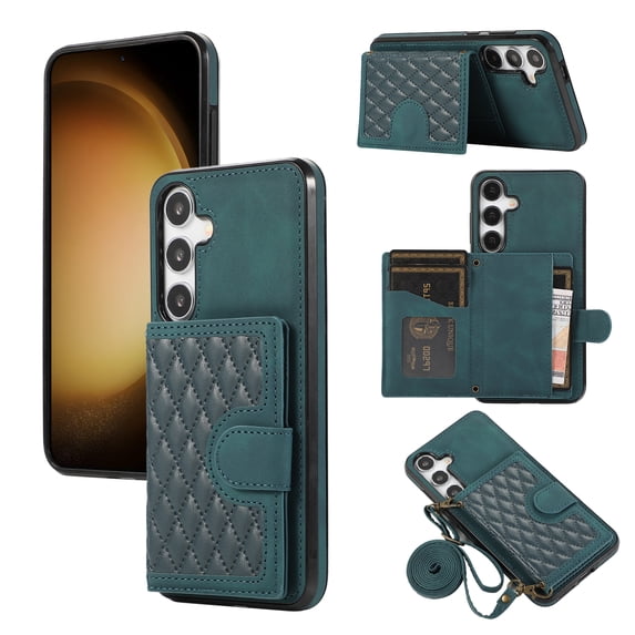 Phone Case for Samsung Galaxy S25 Plus, Stylish Wallet Cover with Credit Card Holder Crossbody Strap Magnetic Closure Kickstand PU Leather Drop Protective Phone Case for Samsung Galaxy S25+, Green
