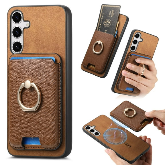 Phone Case for Samsung Galaxy S25 Plus, Ultra Slim Phone Grip Ring Stand PU Leather Detachable Magnetic Credit Card Holder Drop Protective Case Cover Compatible with Samsung Galaxy S25 Plus, Brown