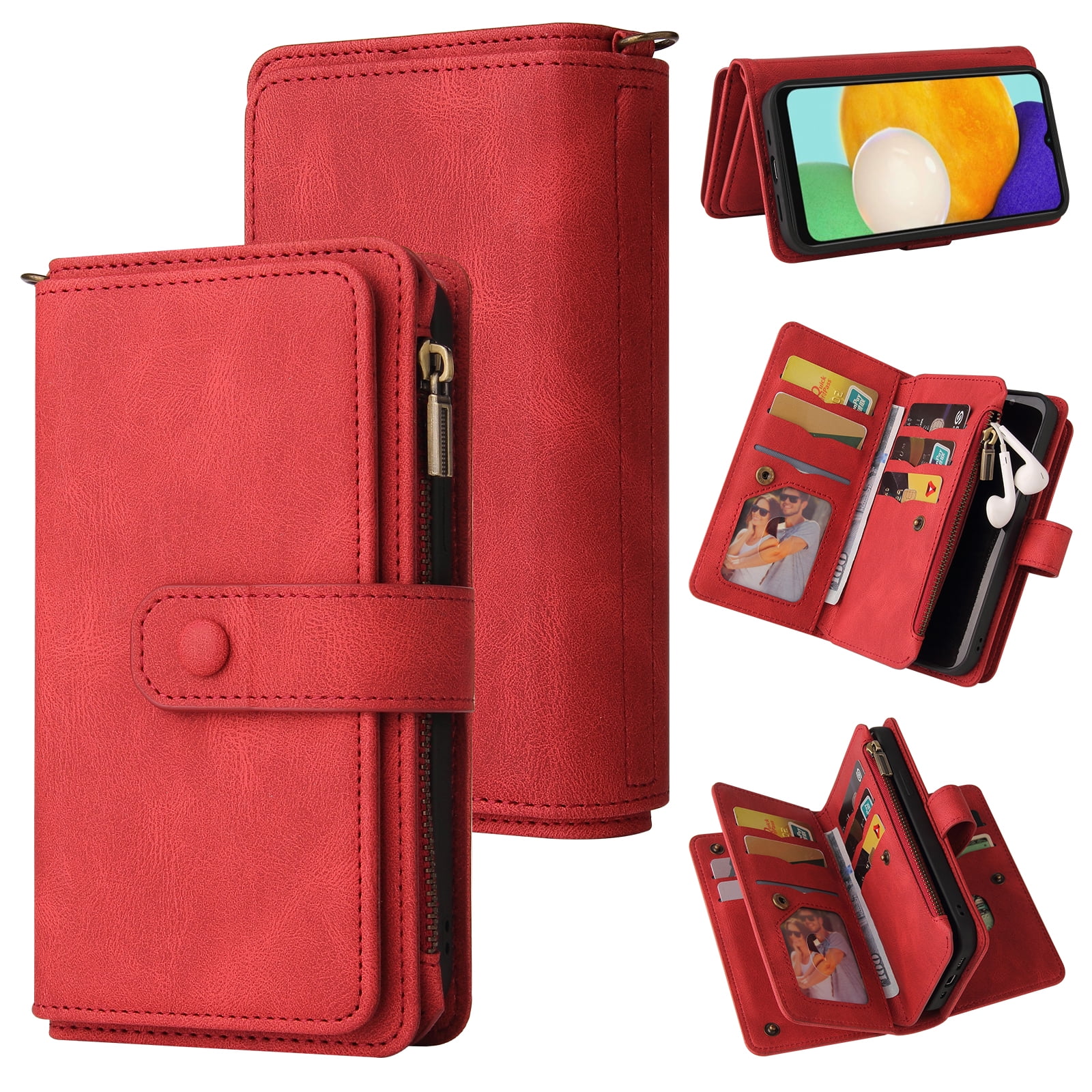 Phone Case for Samsung Galaxy S25, S25 Wallet Case, Luxury Folio Flip Leather Cover [Zipper Pocket] [Wrist Strap] [Kickstand] for Samsung Galaxy S25, Red