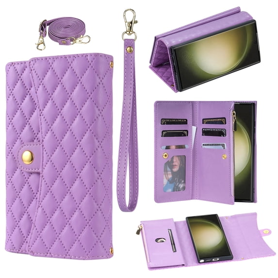 Phone Case for Samsung Galaxy S25 Ultra Wallet Cover with Crossbody Strap and Wrist Strap, Card Slots Stand PU Leather Flip Magnetic Buckle Zipper Pocket for Galaxy S25 Ultra Case Women Girls, Purple