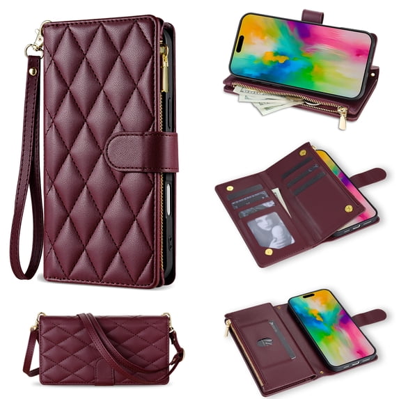Phone Case for Samsung Galaxy S25 Ultra Wallet Cover with Shoulder Strap & Wrist Strap, Card Holder Slots Stand PU Leather Zipper Pocket Flip Case Magnetic Buckle Women Girls for S25 Ultra, Winered
