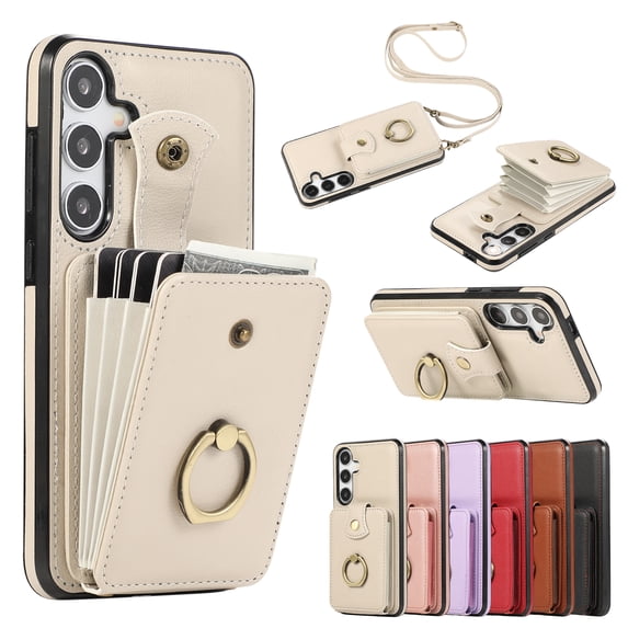 Phone Case for Samsung Galaxy S25 Wallet Cell Cover with Crossbody Strap, Ring Stand RFID Blocking Credit Card Holder Shockproof Drop Protective Case for Galaxy S25 Women Girls, Beige