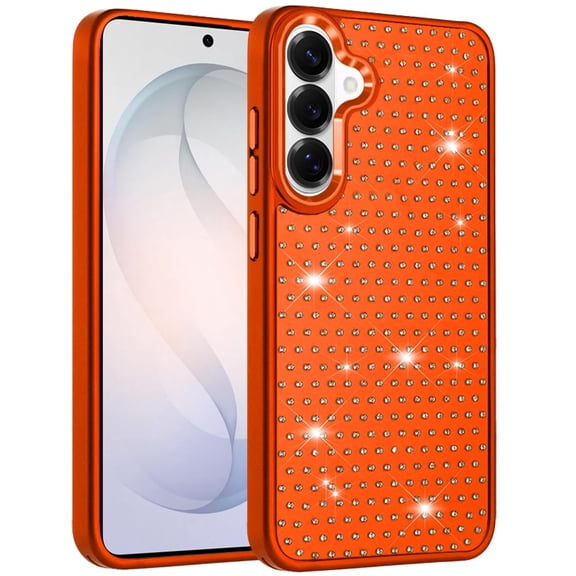 Phone Case for Samsung Galaxy S26 Luxury Diamond Bling Sparkle Chrome Metallic Edge Shockproof Durable Protective Stylish Premium Hybrid Design Cover Orange