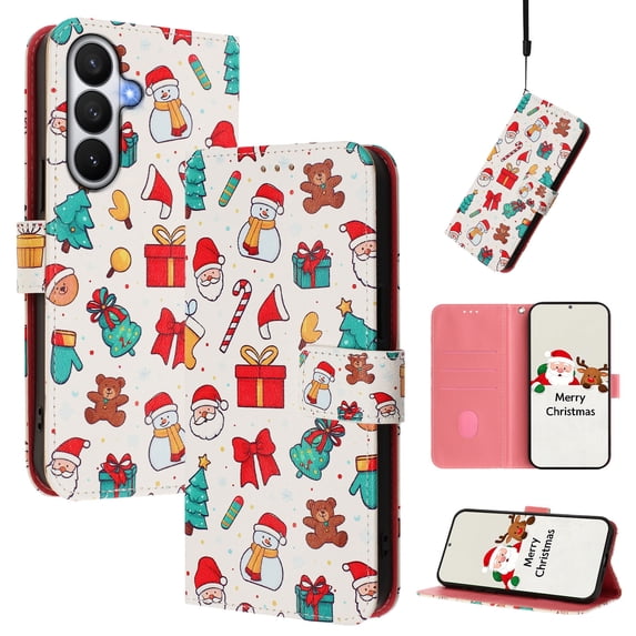 Phone Case for Samsung Galaxy S26 Plus, Luxury Christmas Pattern Card Slots Cash Pocket Magnetic Clasp Full Body Protection Shockproof Kickstand Wallet Flip Case with Wrist Strap for S26 Plus, A