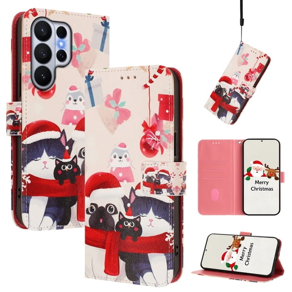 Phone Case for Samsung Galaxy S26 Ultra, Luxury Christmas Pattern Card Slots Cash Pocket Magnetic Clasp Full Body Protection Shockproof Kickstand Wallet Flip Case with Wrist Strap for S26 Ultra, E