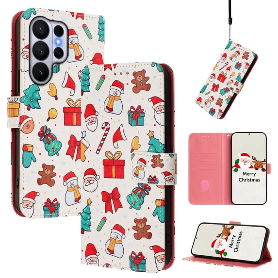 Phone Case for Samsung Galaxy S26 Ultra, Luxury Christmas Pattern Card Slots Cash Pocket Magnetic Clasp Full Body Protection Shockproof Kickstand Wallet Flip Case with Wrist Strap for S26 Ultra, A