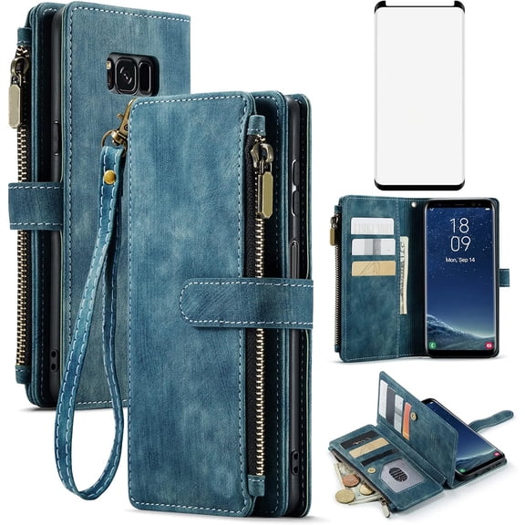 Phone Case for Samsung Galaxy S8 Plus Wallet Cover and Tempered Glass Screen Protector Leather Flip Credit Card Holder Stand Cell Glaxay S8plus S 8 8plus 8S Edge S8+ SM-G955U Women Men Blue