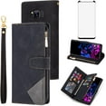 thumbnail image 1 of Phone Case for Samsung Galaxy S8 Wallet Cover with Tempered Glass Screen Protector and Wrist Strap Leather Flip Zipper Credit Card Holder Stand Cell Accessories S 8 8S Edge SM-G950U Men Black, 1 of 13
