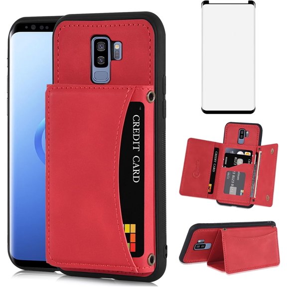Phone Case for Samsung Galaxy S9 Plus Wallet Cover with Tempered Glass Screen Protector and PU Leather Credit Card Holder Stand Slot Cell Accessories S9+ 9S 9+ S 9 9plus S9plus Women Men Red