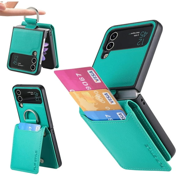 Phone Case for Samsung Galaxy Z Flip 3 5G 2021 with Card Slot Holder Wallet Cover and Ring Stand  Back Cell Mobile Accessories Protective Case for ZFlip3 Z3 Flip3 3Z Flip3case Green