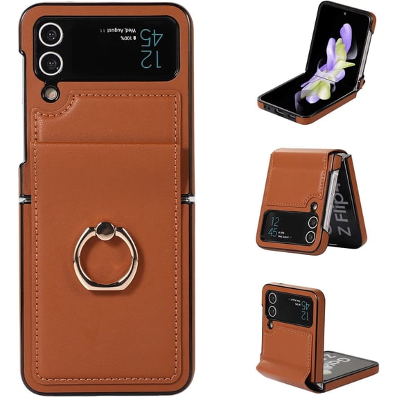 Phone Case for Samsung Galaxy Z Flip 3 5G 2021 Cover With Hinge Protection Ring Holder Stand Slim Shockproof Shell PU Leather Protective Cell Accessories ZFlip3 Z3 Flip3 3Z Flip3case Women Girls Brown