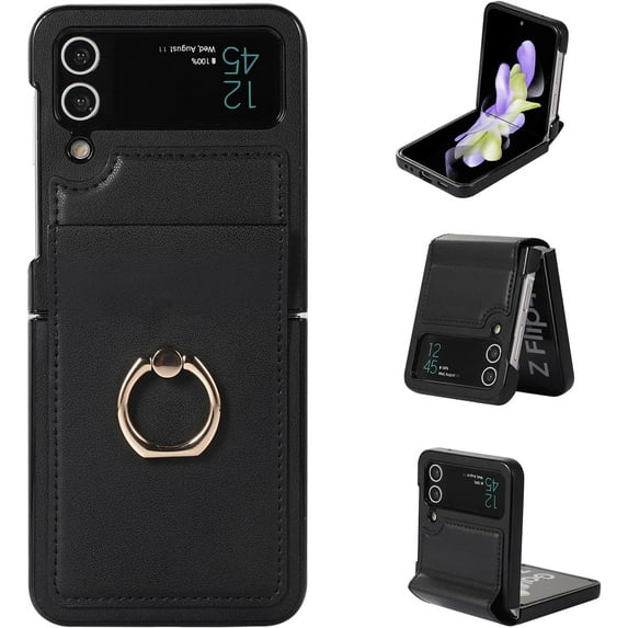 Phone Case for Samsung Galaxy Z Flip 3 5G 2021 Cover With Hinge Protection Ring Holder Stand Slim Shockproof Shell PU Leather Protective Cell Accessories ZFlip3 Z3 Flip3 3Z Flip3case Women Girls Black