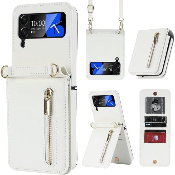 Phone Case for Samsung Galaxy Z Flip 3 5G 2021 Wallet Cover with Credit Card Holder Zipper Slot Crossbody Strap Lanyard Leather Stand Cell Accessories ZFlip3 Z3 Flip3 3Z Women Girls White