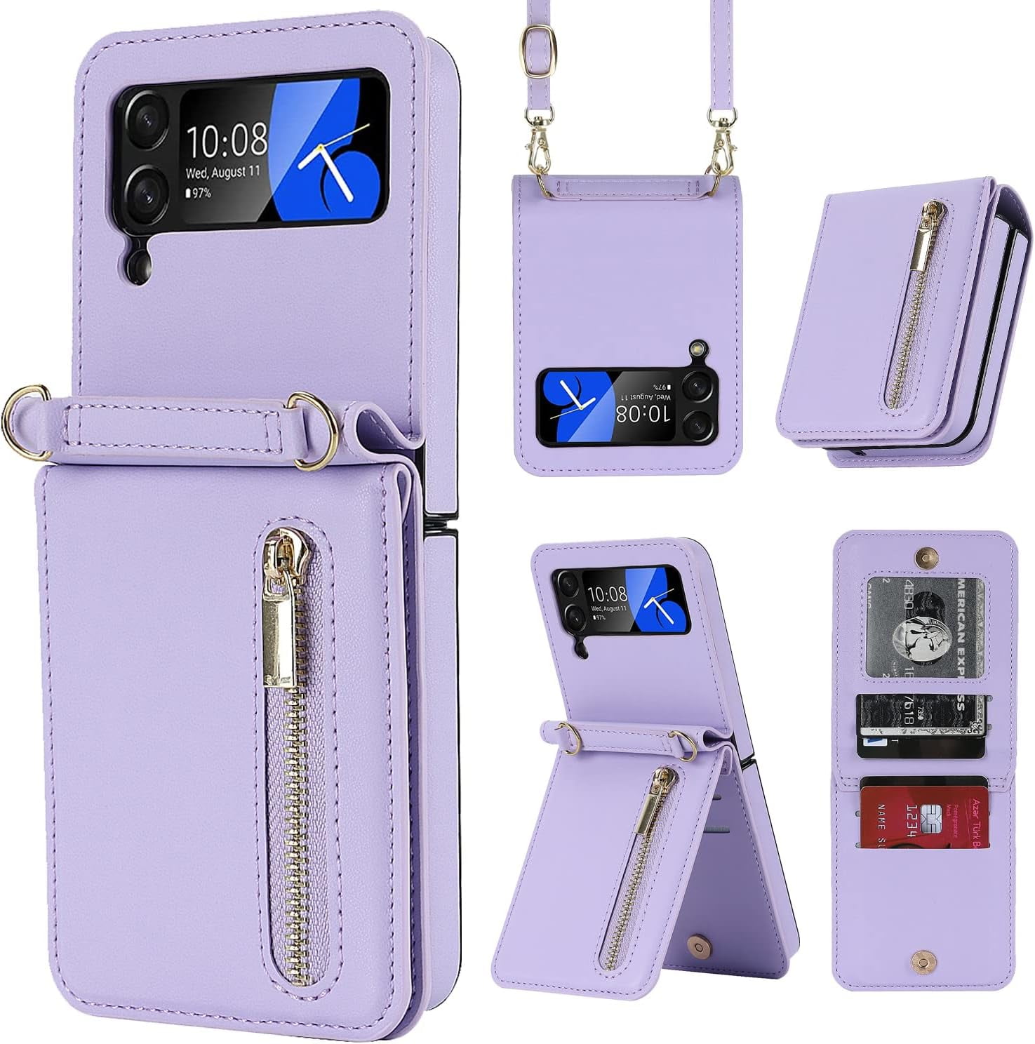 Phone Case for Samsung Galaxy Z Flip 3 5G 2021 Wallet Cover with Credit Card Holder Zipper Slot Crossbody Strap Lanyard Leather Stand Cell Accessories ZFlip3 Z3 Flip3 3Z Women Girls Purple