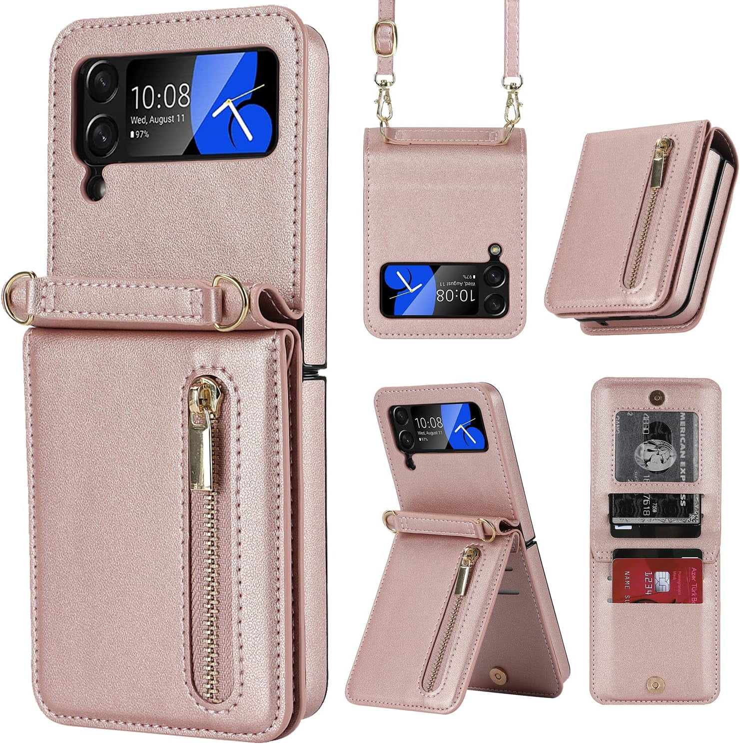 Phone Case for Samsung Galaxy Z Flip 3 5G 2021 Wallet Cover with Credit Card Holder Zipper Slot Crossbody Strap Lanyard Leather Stand Cell Accessories ZFlip3 Z3 Flip3 3Z Women Girls Rose Gold