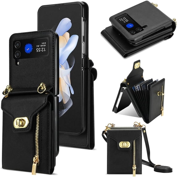 Phone Case for Samsung Galaxy Z Flip 3 5G 2021 Wallet Cover with Credit Card Holder Zipper Slot Shoulder Crossbody Strap Lanyard Leather Stand Cell ZFlip3 Z3 Flip3 3Z Women Girls Black
