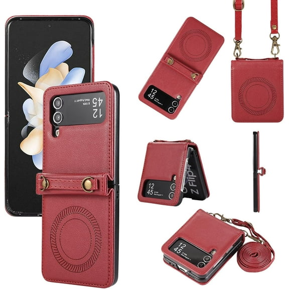 Phone Case for Samsung Galaxy Z Flip 3 5G 2021 Wallet Cover with Crossbody Shoulder Strap Leather Hinge Protection Wireless Charging Cell Accessories ZFlip3 Z3 Flip3 3Z Women Men Red