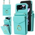 thumbnail image 1 of Phone Case for Samsung Galaxy Z Flip 3 5G 2021 Wallet Cover with RFID Blocking Ring Crossbody Wrist Strap Stand Credit Card Holder Leather Cell Accessories ZFlip3 Z3 Flip3 3Z Women Men Teal, 1 of 11