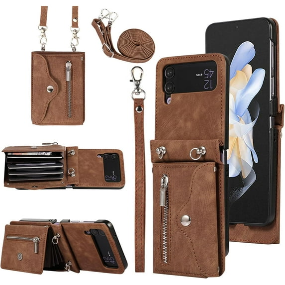 Phone Case for Samsung Galaxy Z Flip 3 5G 2021 Wallet Cover with Wrist Crossbody Strap Lanyard Credit Card Holder Stand Shoulder Slot Leather Cell Accessories ZFlip3 Z3 Flip3 3Z Women Men Brown