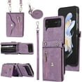 thumbnail image 1 of Phone Case for Samsung Galaxy Z Flip 3 5G 2021 Wallet Cover with Wrist Crossbody Strap Lanyard Credit Card Holder Stand Shoulder Slot Leather Cell Accessories ZFlip3 Z3 Flip3 3Z Women Men Purple, 1 of 14