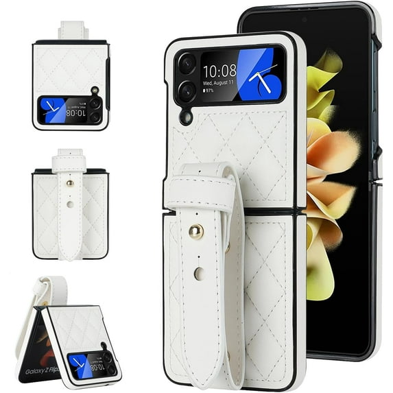 Phone Case for Samsung Galaxy Z Flip 4 5G 2022 Cover with Wrist Strap Thin Slim Shockproof Hard Shell PU Leather Rugged Protective Cell Accessories ZFlip4 Z4 Flip4 4Z Women Girls Men White
