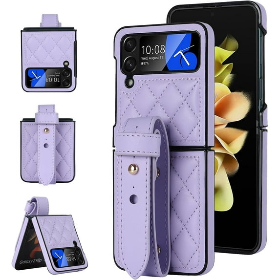 Phone Case for Samsung Galaxy Z Flip 4 5G 2022 Cover with Wrist Strap Thin Slim Shockproof Hard Shell PU Leather Rugged Protective Cell Accessories ZFlip4 Z4 Flip4 4Z Women Girls Men Purple