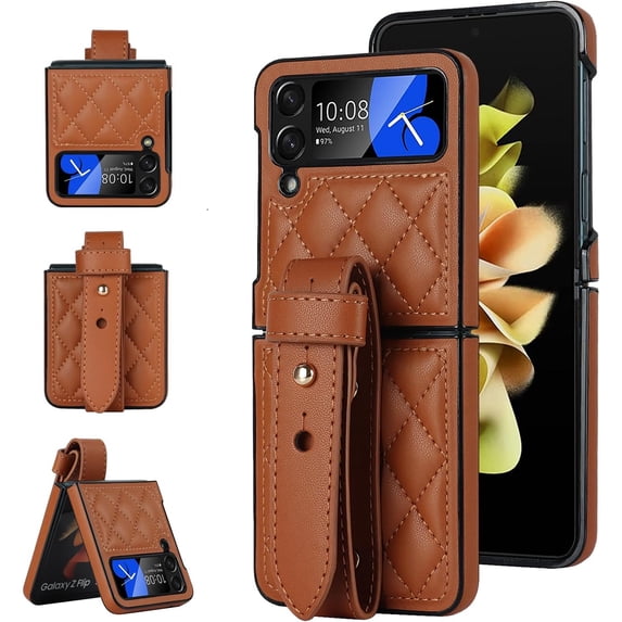 Phone Case for Samsung Galaxy Z Flip 4 5G 2022 Cover with Wrist Strap Thin Slim Shockproof Hard Shell PU Leather Rugged Protective Cell Accessories ZFlip4 Z4 Flip4 4Z Women Girls Men Brown