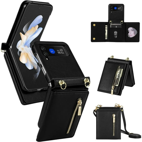 Phone Case for Samsung Galaxy Z Flip 4 5G 2022 Wallet Cover with Credit Card Holder Slot Crossbody Strap Lanyard Cell ZFlip4 Z4 Flip4 4Z Women Girls Men Black