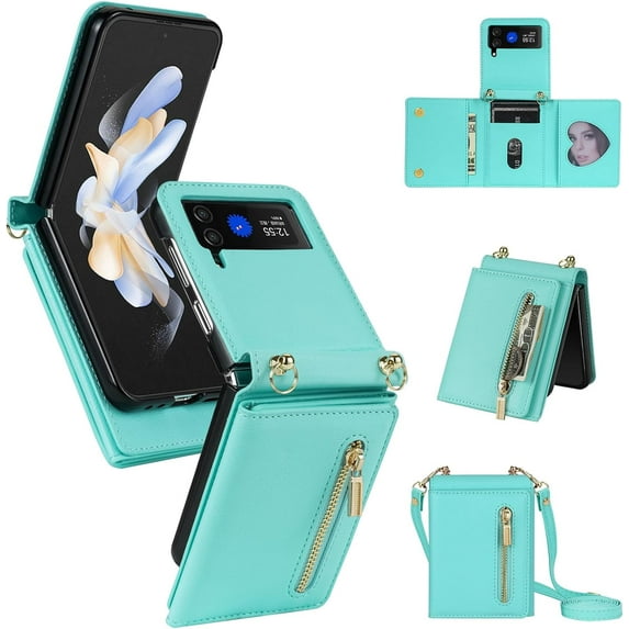 Phone Case for Samsung Galaxy Z Flip 4 5G 2022 Wallet Cover with Credit Card Holder Slot Crossbody Strap Lanyard Cell ZFlip4 Z4 Flip4 4Z Women Girls Men Green