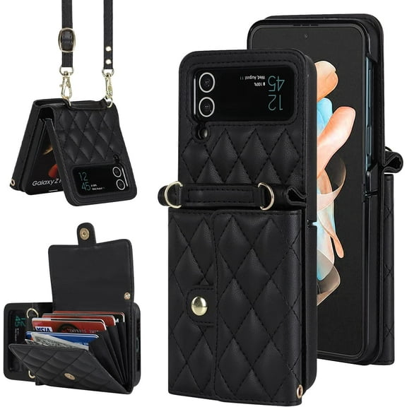 Phone Case for Samsung Galaxy Z Flip 4 5G 2022 Wallet Cover with RFID Blocking Crossbody Wrist Strap Stand Credit Card Holder Leather Mobile Cell Accessories ZFlip4 Z4 Flip4 4Z Women Men Black