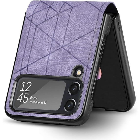 Phone Case for Samsung Galaxy Z Flip 4 5G Sculpture Geometrical Pattern Slim Phone Cover Premium Shockproof Matting Hard PU Back & Anti-Slip Microfiber Inner Strip Stand Protector - Purple