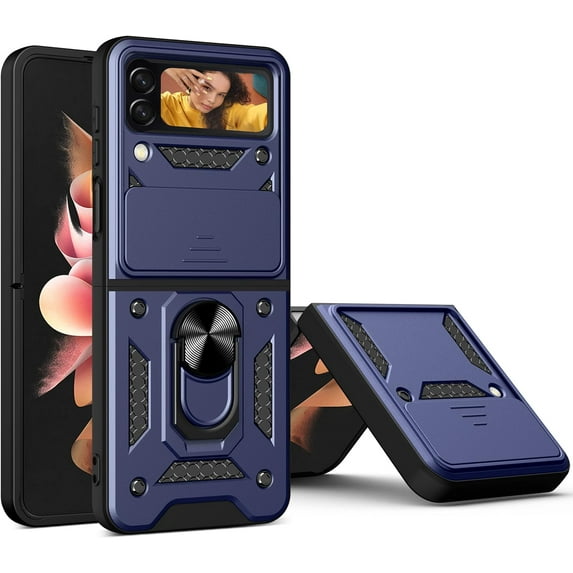Phone Case for Samsung Galaxy Z Flip 4 with Slide Camera Window, Heavy Duty Protection Phone Cover Case with Ring Kickstand for Samsung Galaxy Z Flip 4 Blue