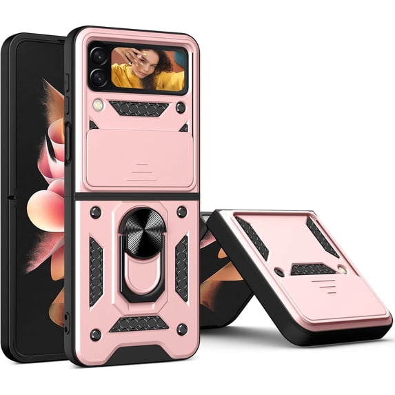 Phone Case for Samsung Galaxy Z Flip 4 with Slide Camera Window, Heavy Duty Protection Phone Cover Case with Ring Kickstand for Samsung Galaxy Z Flip 4 Rose Gold