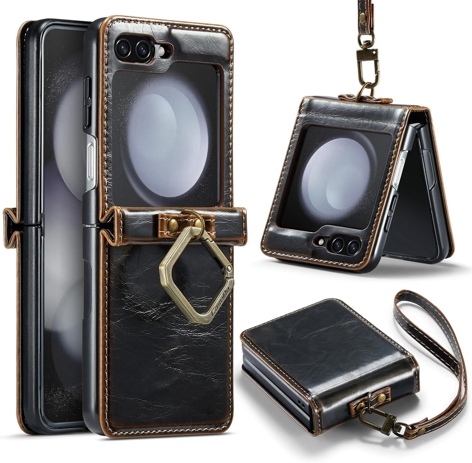Phone Case for Samsung Galaxy Z Flip 5 5G 2023 with Lanyard Wrist Strap Thin Slim PU Leather Shockproof Hard Shell Protective Cell Cover ZFlip5 Z5 G Flip5 5Z Women Girls Coffee