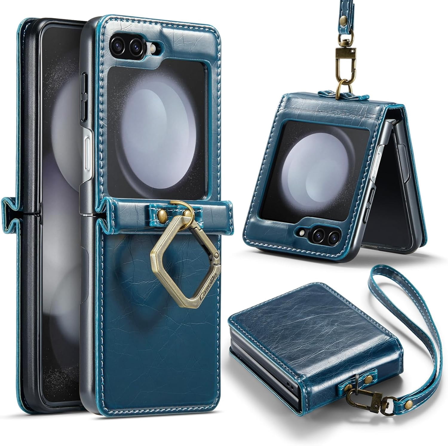 Phone Case for Samsung Galaxy Z Flip 5 5G 2023 with Lanyard Wrist Strap Thin Slim PU Leather Shockproof Hard Shell Protective Cell Cover ZFlip5 Z5 G Flip5 5Z Women Girls Blue