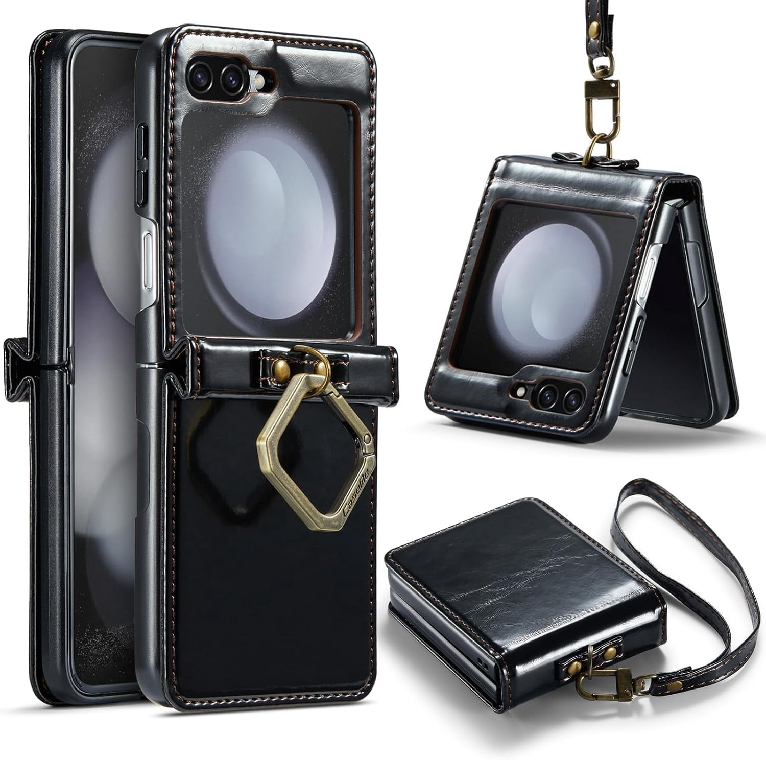 Phone Case for Samsung Galaxy Z Flip 5 5G 2023 with Lanyard Wrist Strap Thin Slim PU Leather Shockproof Hard Shell Protective Cell Cover ZFlip5 Z5 G Flip5 5Z Women Girls Black