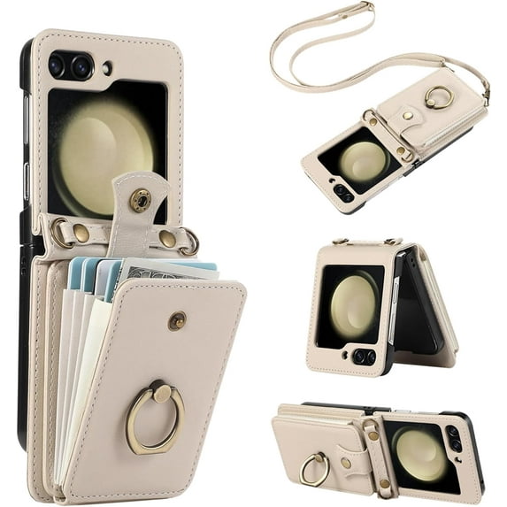 Phone Case for Samsung Galaxy Z Flip 5 5G 2023 Wallet Cell Cover with Crossbody Strap Ring Stand RFID Credit Card Holder Leather Accessories ZFlip5 Z5 G Flip5 5Z Women Men Girls Beige