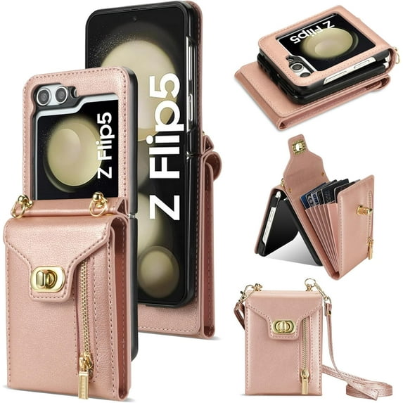 Phone Case for Samsung Galaxy Z Flip 5 5G 2023 Wallet Cover with Credit Card Holder Zipper Slot Shoulder Crossbody Strap Lanyard Leather Stand Cell ZFlip5 Z5 Flip5 5Z Women Girls Rose Gold