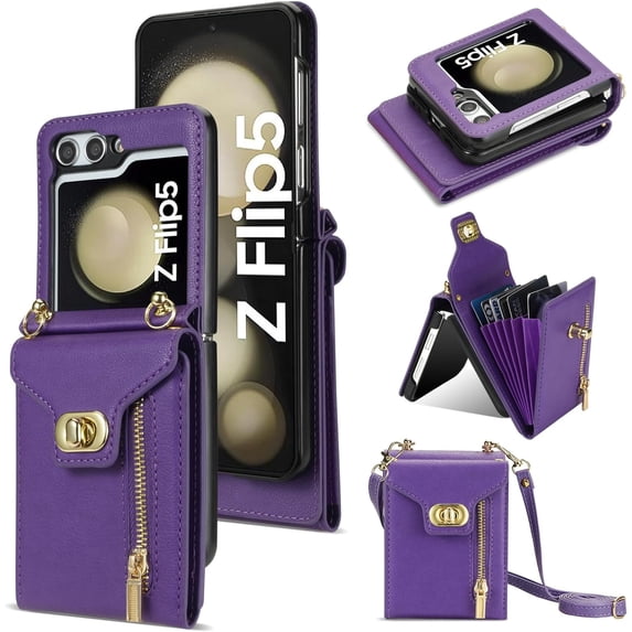 Phone Case for Samsung Galaxy Z Flip 5 5G 2023 Wallet Cover with Credit Card Holder Zipper Slot Shoulder Crossbody Strap Lanyard Leather Stand Cell ZFlip5 Z5 Flip5 5Z Women Girls Purple