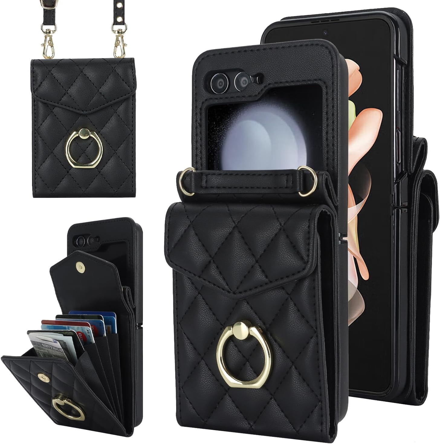 Phone Case for Samsung Galaxy Z Flip 5 5G 2023 Wallet Cover with RFID Blocking Ring Crossbody Wrist Strap Stand Credit Card Holder Cell Accessories ZFlip5 Z5 G Flip5 5Z Women Men Girls Black