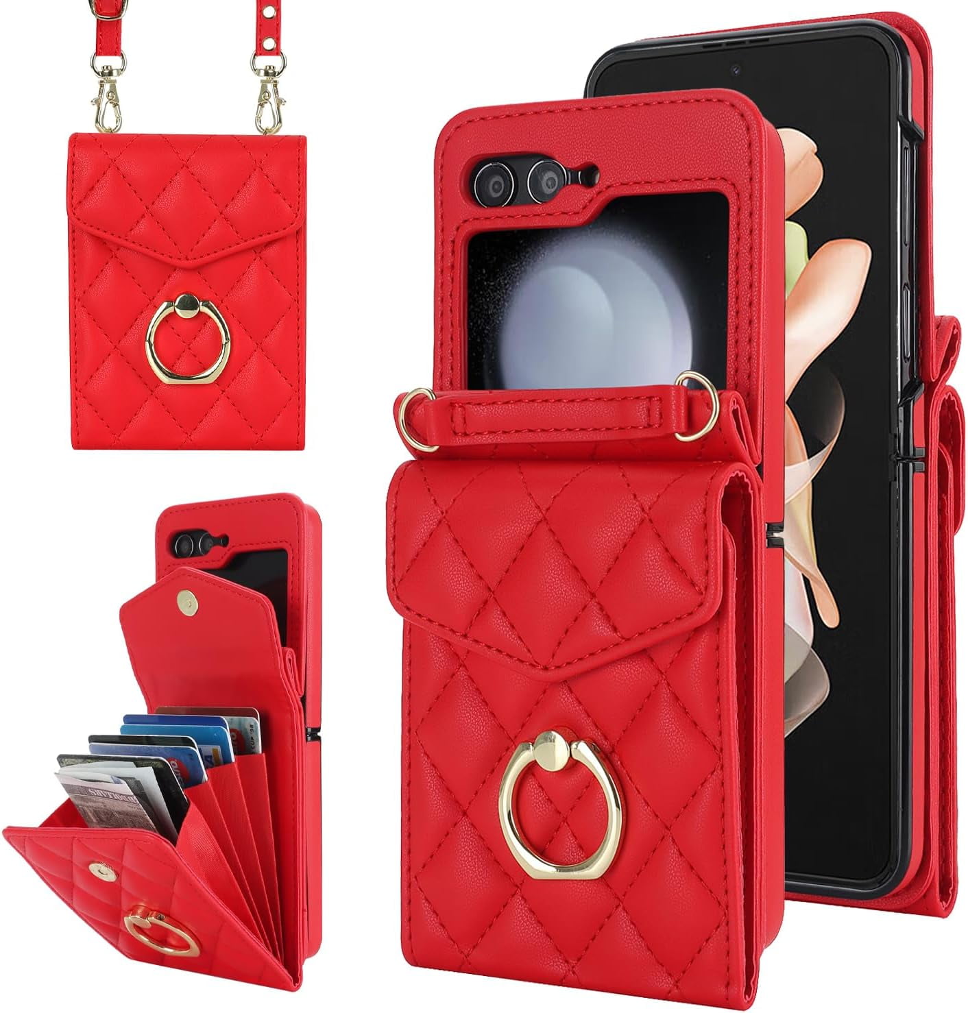 Phone Case for Samsung Galaxy Z Flip 5 5G 2023 Wallet Cover with RFID Blocking Ring Crossbody Wrist Strap Stand Credit Card Holder Leather Cell Accessories ZFlip5 Z5 G Flip5 5Z Women Girls Red