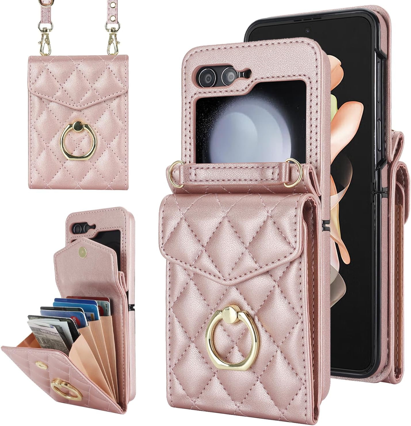 Phone Case for Samsung Galaxy Z Flip 5 5G 2023 Wallet Cover with RFID Blocking Ring Crossbody Wrist Strap Stand Credit Card Holder Leather Cell ZFlip5 Z5 G Flip5 5Z Women Men Girls Rose Gold
