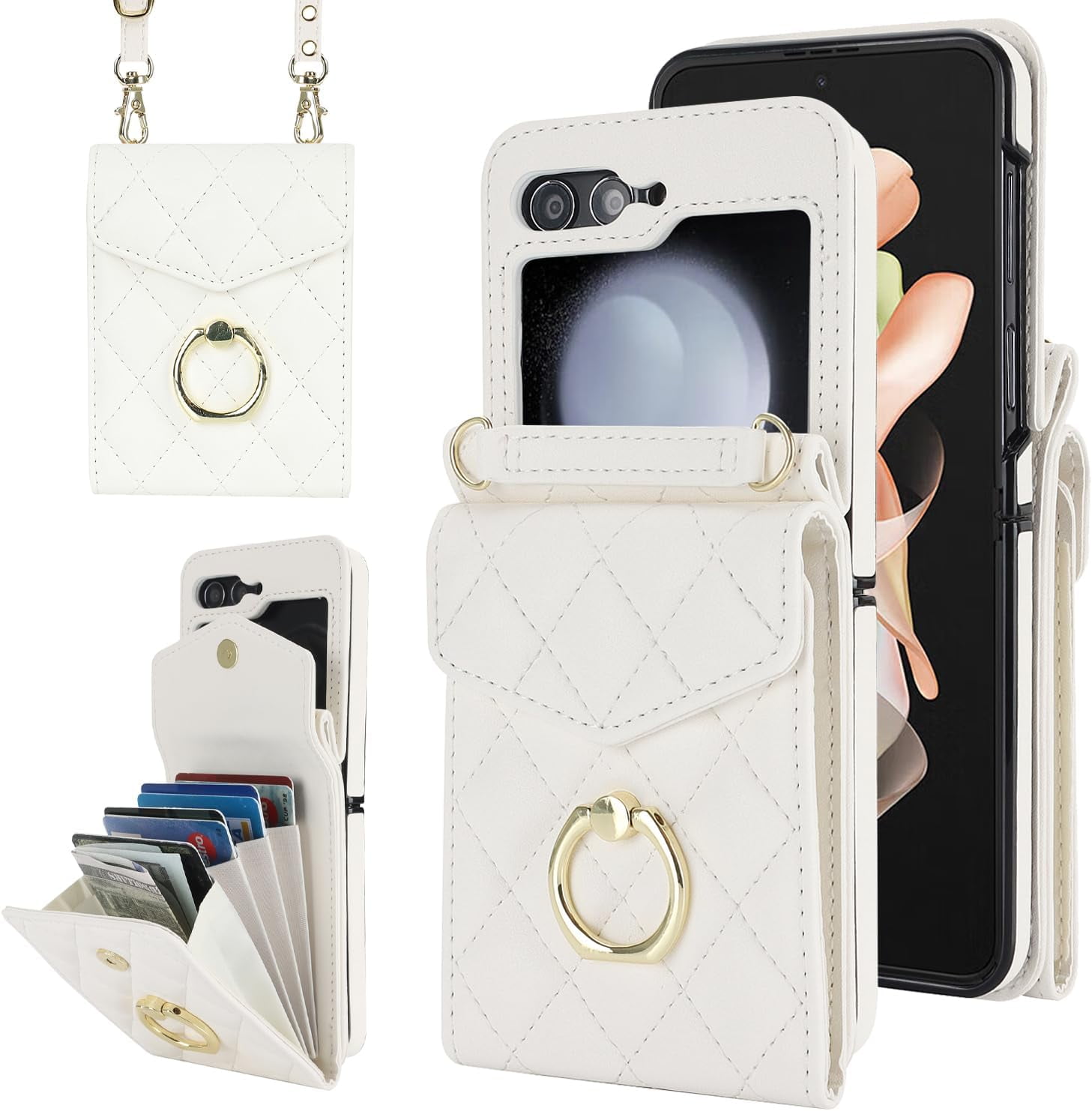 Phone Case for Samsung Galaxy Z Flip 5 5G 2023 Wallet Cover with RFID Blocking Ring Crossbody Wrist Strap Stand Credit Card Holder Leather Cell ZFlip5 Z5 G Flip5 5Z Women Men Girls Off White