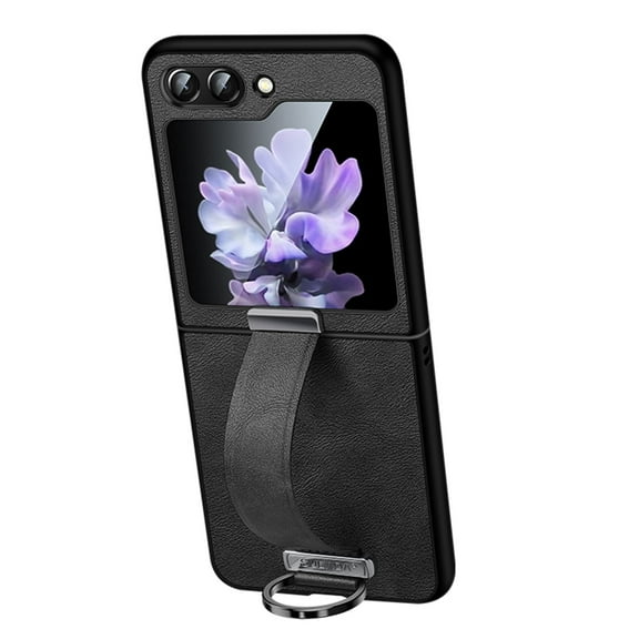 Phone Case for Samsung Galaxy Z Flip 5, PU Leather Cover and Wrist Strap Kickstand Wristband Holder Stand Ring Silicone Protective Cell Accessories for Z Flip 5 for Women Men - Black