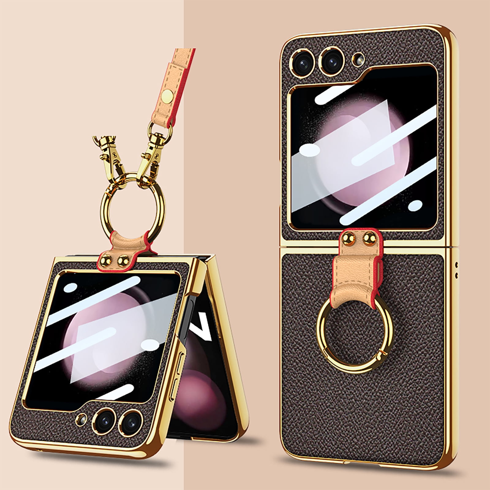 Phone Case For Samsung Galaxy Z Flip 5 , Shockproof Protective Anti-Scratch Phone Case,Ultra-Thin Back Cover Screen Protector with Ring Holder & Adjustable Strap,PU Leather + Hard PC Shell,Coffee